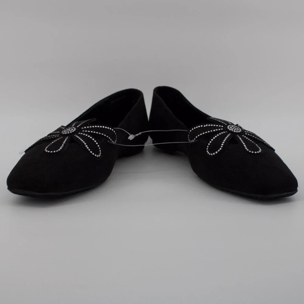 Katy Perry Womens Black Suede Rhinestone Daisy Square Toe Ballet Flats Size 7